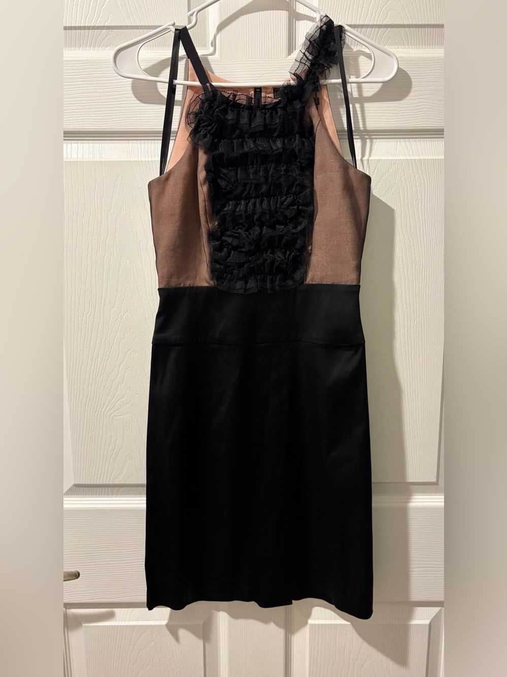 BCBGMaxAzria Black and Taupe Ruffle-Front Strapless Sheath Dress